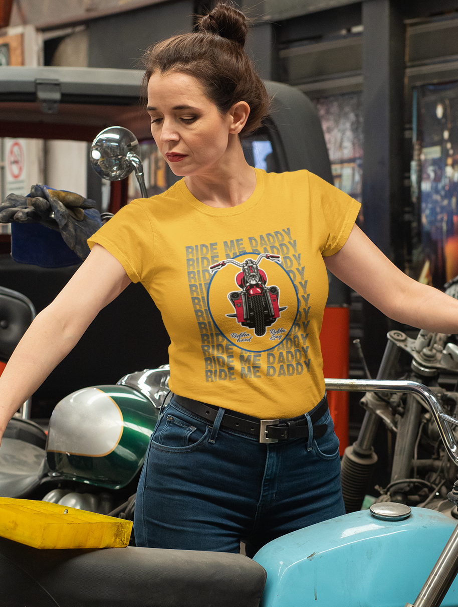 Ride Me Daddy Motorcycle Princess Adult T-Shirt. Spicy Kink Motorcycle T-Shirt